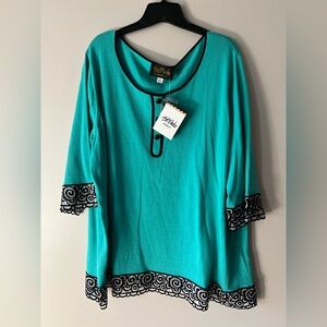 Bob Mackie Wearable Art Teal 3/4 Sleeve Relaxed Blouse
